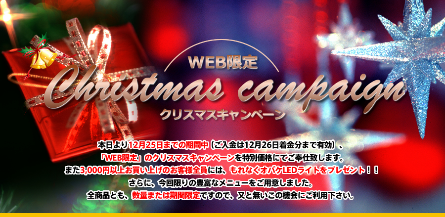 【WEB限定】クリスマスキャンペーン　本日より12月25日までの期間中（ご入金は12月27日着金分まで有効）、新作エアロ完成を記念して「WEB限定」のクリスマスキャンペーンを特別価格にてご奉仕致します。また3,000円以上お買い上げのお客様全員には、もれなくオバケLEDライトをプレゼント！！さらに、今回限りの豊富なメニューをご用意しました。全商品とも、数量または期間限定ですので、又と無いこの機会にご利用下さい。