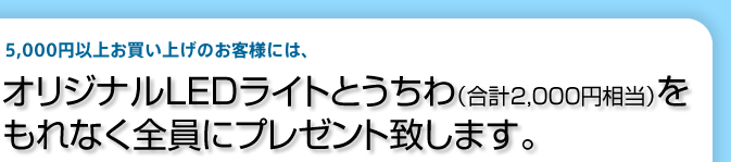 5,000円以上お買い上げのお客様には、オリジナルLEDライトとうちわ（合計2,000円相当）を もれなく全員にプレゼント致します。